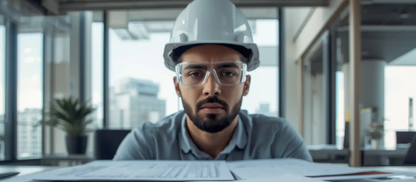 Arbeitssicherheit im Mittelstand: Ein Manager bespricht Sicherheitschecklisten mit einem Mitarbeiter in einer Werkhalle.