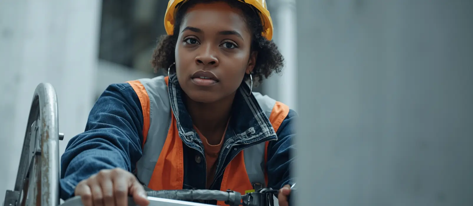 Sicherer Umgang mit einer Stehleiter: Ein Handwerker prüft standfesten Untergrund und nutzt die Leiter korrekt ohne oberste Stufe.