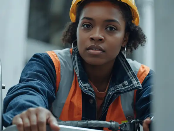 Sicherer Umgang mit einer Stehleiter: Ein Handwerker prüft standfesten Untergrund und nutzt die Leiter korrekt ohne oberste Stufe.